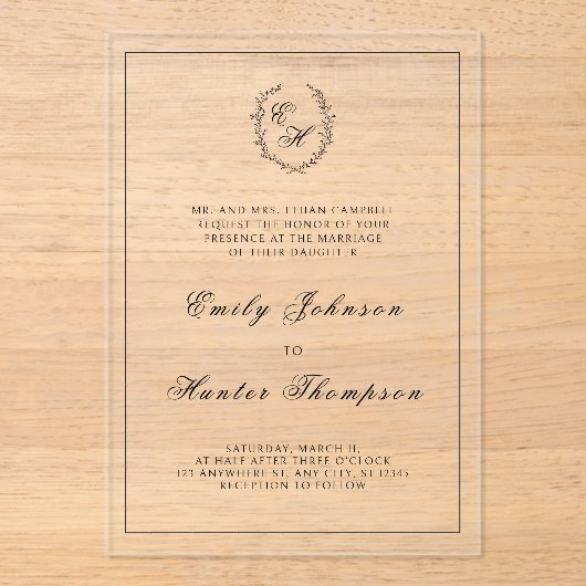 Black Leafy Crest Monogram Huwelijk Acryl Uitnodigingen (Voorkant)