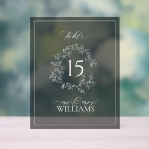 Black Leafy Crest Monogram Trouwtafel Nummer Acryl Bord