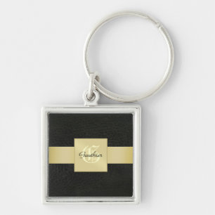 Black Leather Gold Monogram Vaderdag Sleutelhanger