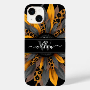 Black Leopard Spots Sunflower Naam Monogram Case-Mate iPhone 14 Hoesje