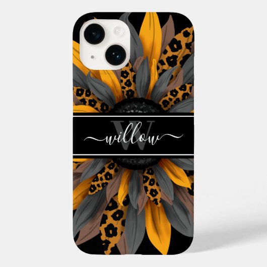 Black Leopard Spots Sunflower Naam Monogram Case-Mate iPhone Case (Achterkant)