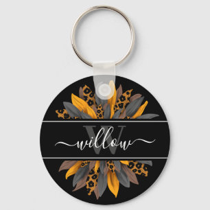 Black Leopard Spots Sunflower Naam Monogram Sleutelhanger