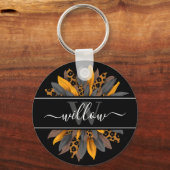 Black Leopard Spots Sunflower Naam Monogram Sleutelhanger (Voorkant)