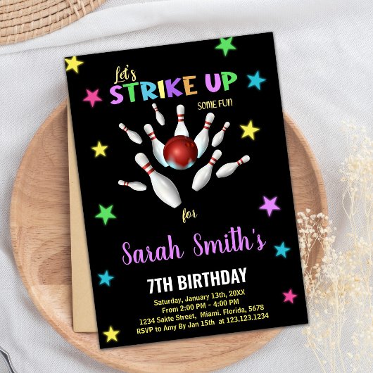 Black Light Purple Bowling Invitations Anniversair