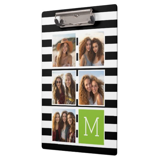 Black Limoen Striped Photo Collage Custom Monogram Klembord (Links)