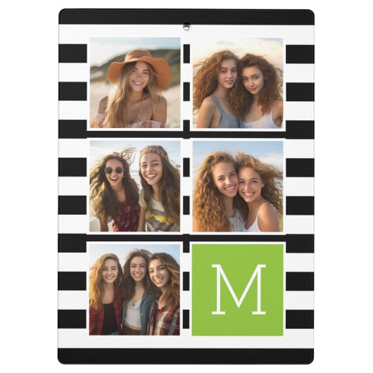 Black Limoen Striped Photo Collage Custom Monogram Klembord (Achterkant)