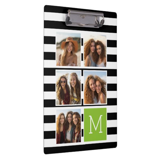 Black Limoen Striped Photo Collage Custom Monogram Klembord (Rechts)