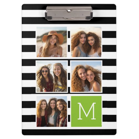 Black Limoen Striped Photo Collage Custom Monogram Klembord (Voorkant)