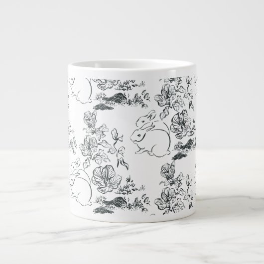 Black Line Art Cute Rabbit en Flower Extra Grote Beker (Voorkant)