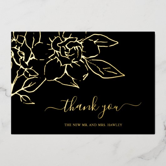 Black Line Art Floral Mariage Carte de remerciemen (Recto)