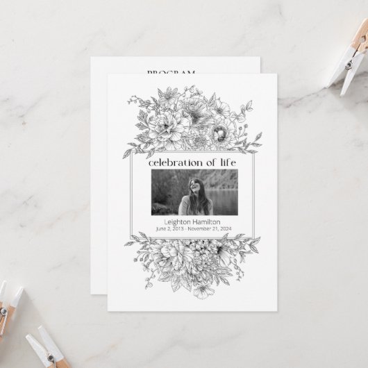 Black Line Florals Foto Begrafenisprogramma Kaart (Voorkant / Achterkant in situ)
