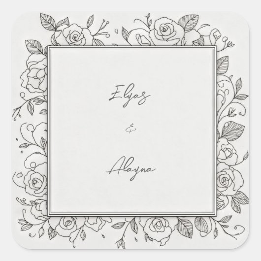 Black Line Minimalist Rose Frame Wedding Vierkante Sticker (Voorkant)