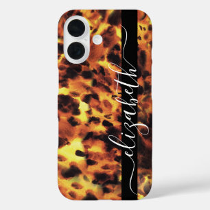 Black Line White Script Jouw naam Tortoiseshell iPhone 16 Hoesje