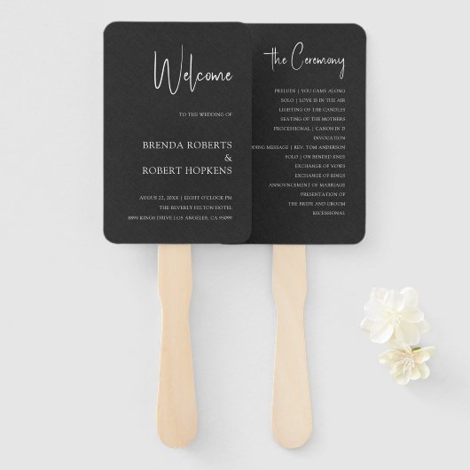 Black Linen Simple Black Script Weddenschap Hand F Handwaaier (Voorkant en achterkant)