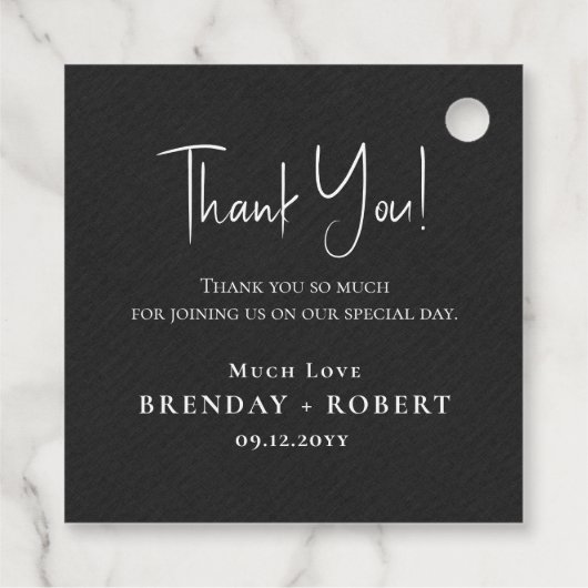 Black linen Simple Script Welcome Hartelijk dank Bedankjes Labels (Achterkant)