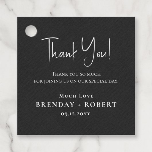 Black linen Simple Script Welcome Hartelijk dank Bedankjes Labels (Voorkant)