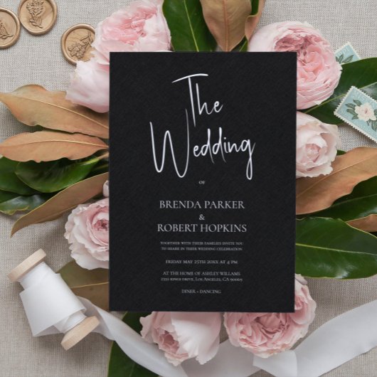 Black linen Simple White Script Wedding Invite Kaart