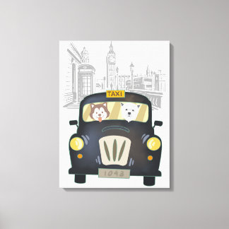 Black London Taxi Cab gedreven door honden Canvas Afdruk