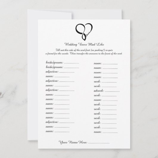 Black Love Heart Weddenschap Libs Game (Achterkant)