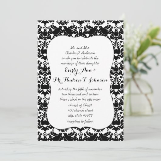 Black Lovebird Damask Wedding Kaart (Staand voorkant)