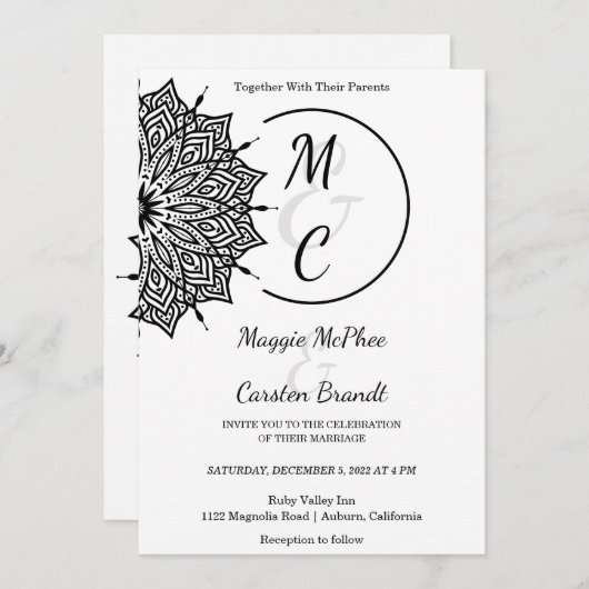 Black Mandala bruiloft uitnodiging (Voorkant / Achterkant)
