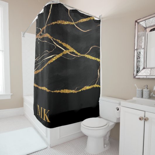 Black Marble Gold Glitter Douchegordijn (In situ)