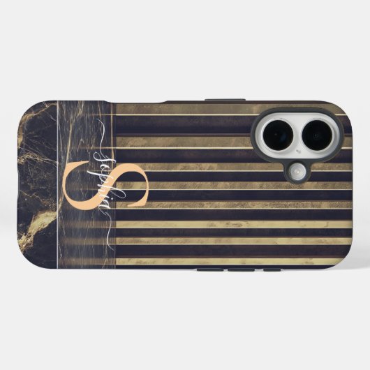 black marble gold glitter monogram Case-Mate iPhone case (Achterkant (horizontaal))