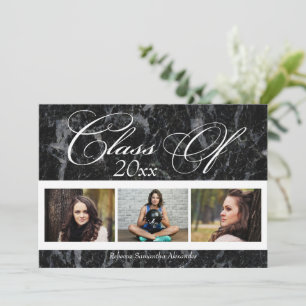 Black Marble Swirl 3-Photo Afstuderen Annountion Kaart
