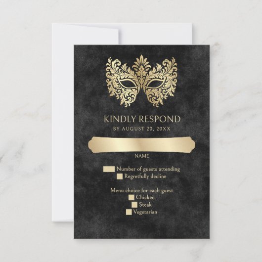 Black Masquerade Mask Elegant Quinceanera RSVP Kaartje (Voorkant)