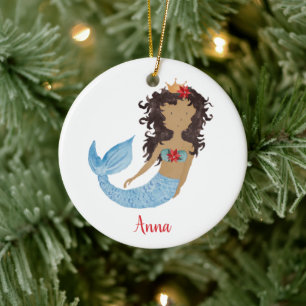 Black Mermaid Cute Little Girl Persoonlijke naam Keramisch Ornament