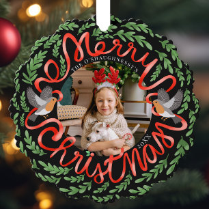Black Merry Christmas Folk Foliage Krans Foto Ornament Kaart