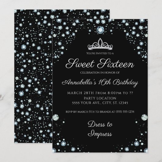 Black met Diamonds Birthday-uitnodigingen Kaart (Voorkant / Achterkant)