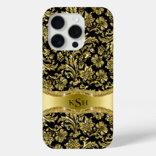 Black & Metallic Gold Floral Damasgeborsteld iPhone 15 Pro Case