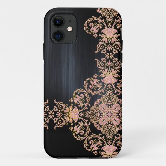 Black Metallic Pink Glitter Damask Case-Mate iPhone Case (Achterkant)
