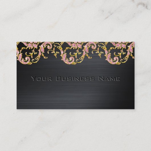 Black Metallic Pink Glitter Damask Corporate Visitekaartje (Voorkant)