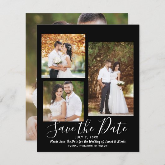 Black Minimal Modern Wedding Photo Save the Date (Voorkant / Achterkant)
