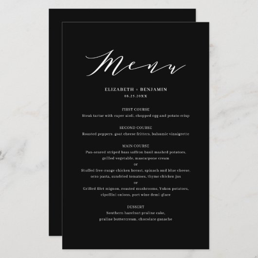 Black Minimalist Dainty Script Weduwemkaart (Voorkant / Achterkant)