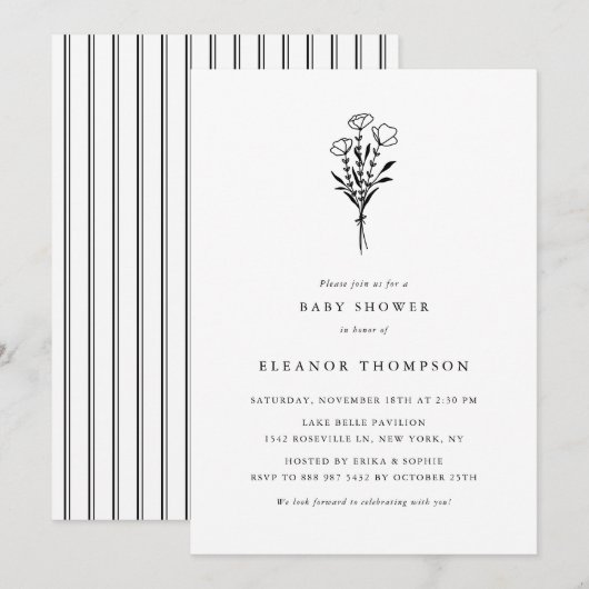 Black Minimalist Floral Bouquet-Baby shower Kaart (Voorkant / Achterkant)