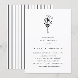 Black Minimalist Floral Bouquet-Baby shower Kaart