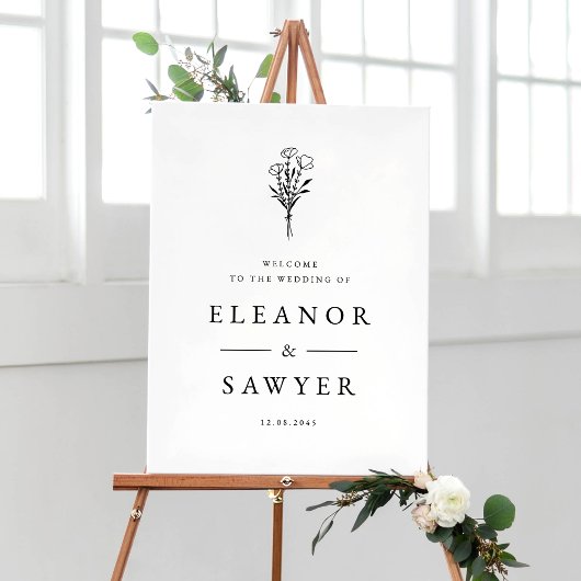 Black Minimalist Floral Bouquet Wedding Welkom Poster