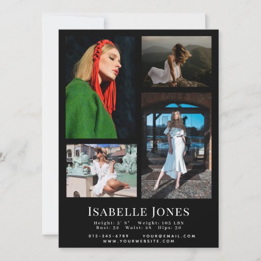 Black Minimalist Model Actor 4 Photo Comp Kaart (Voorkant)