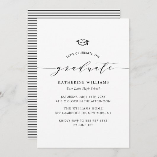 Black Minimalist Script Afstuderen Invitation Kaart (Voorkant / Achterkant)