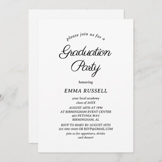 Black Minimalist Script Afstuderen Invitation Kaart (Voorkant / Achterkant)