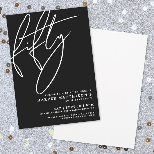 Black Minimalist Script Fifty 50th Birthday Party Kaart