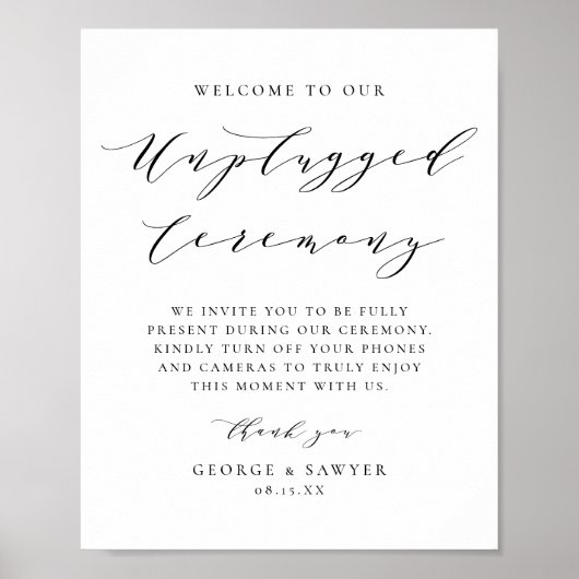 Black Minimalist Script Unplugged Wedding Ceremono Poster (Voorkant)