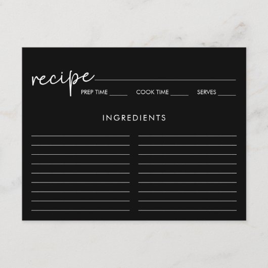 Black Minimalist Script Vrijgezellenfeest Recipe K Informatiekaartje (Voorkant)