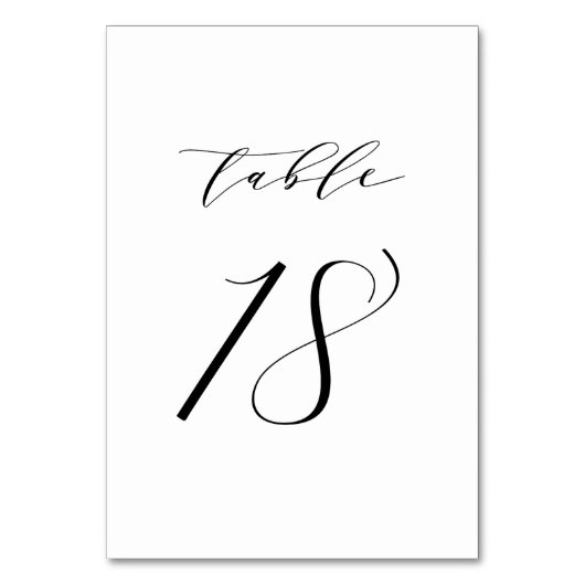 Black Minimalist Script Wedding Table Number 18 Kaart (Voorkant)