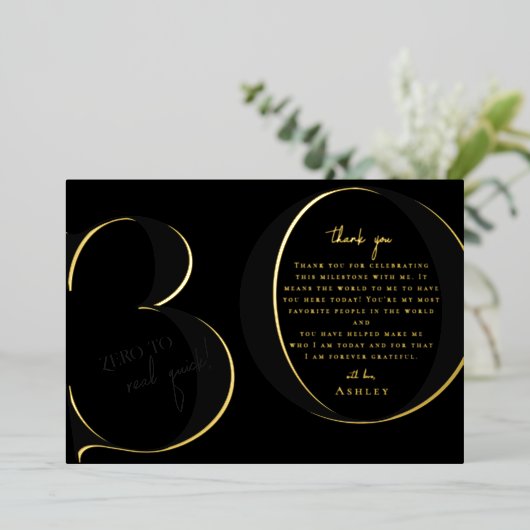 Black | Modern 30ste verjaardagsfeestje dank u Folie Uitnodiging (Staand Voorkant)