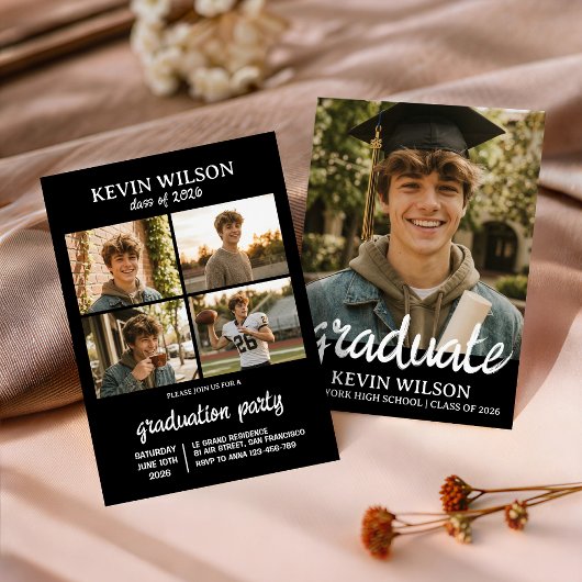 Black Modern 4 Photo Graduation Invitation