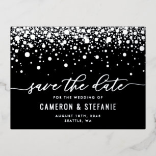 Black Modern Confetti Silver Foil Save the Date Folie Uitnodiging Briefkaart
